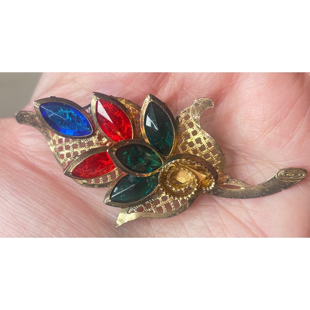 1960s Rhinestone Floral Brooch Mid Century Multi Color Filigree Leaf Gold Tone